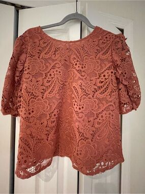 Express Rust Lace Crochet Puff Sleeve Top